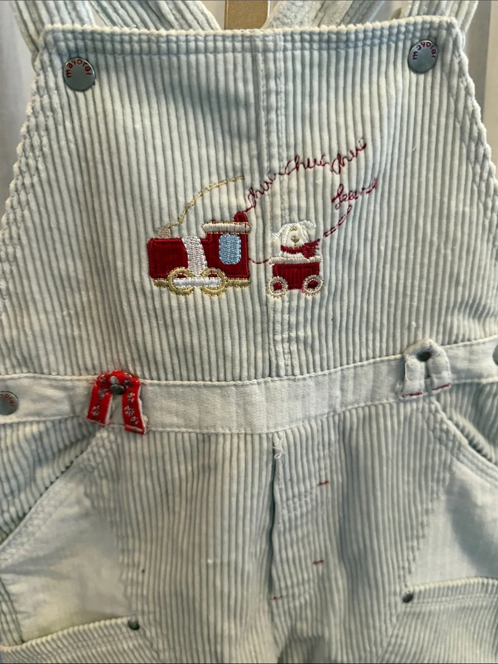 Gymboree Light Gray and White Striped Overalls with Red Train Detail